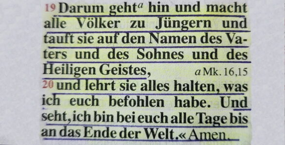 Bibeltext aus Matthäus 28, 19, der sogenannte Missionsauftrag von Jesus.